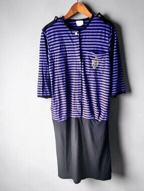 Vintage 80s Take Nine Striped Drop Waist Maternity Dress Purple Black Womens M